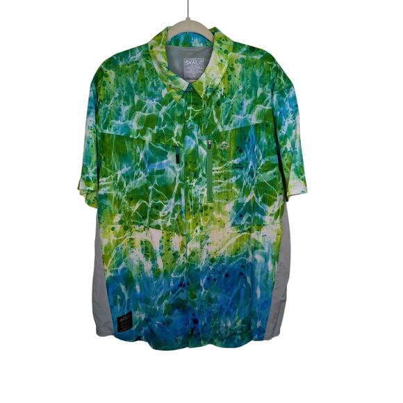 Men's Loco Skailz XL Performance Fishing Button Shirt Green & Blue Short Sleeve - Picture 1 of 7